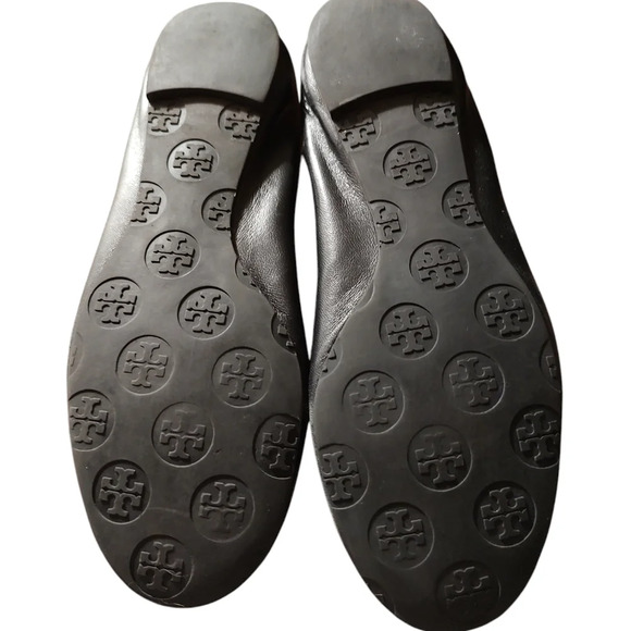 TORY BURCH Reva Black Leather Silver Logo Ballet Flats - Picture 5 of 6